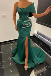 Vestido de fiesta largo con escote sirena, un hombro, satén, pedrería y abertura